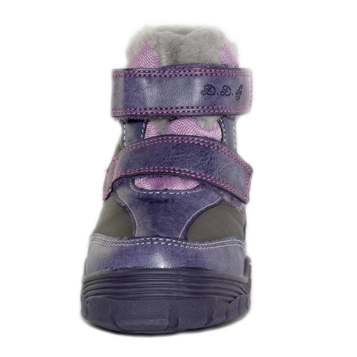 D.D. Step little kid girl shoes/winter boots with faux fur insulation purple with pink and grey and star size US 8-11.5