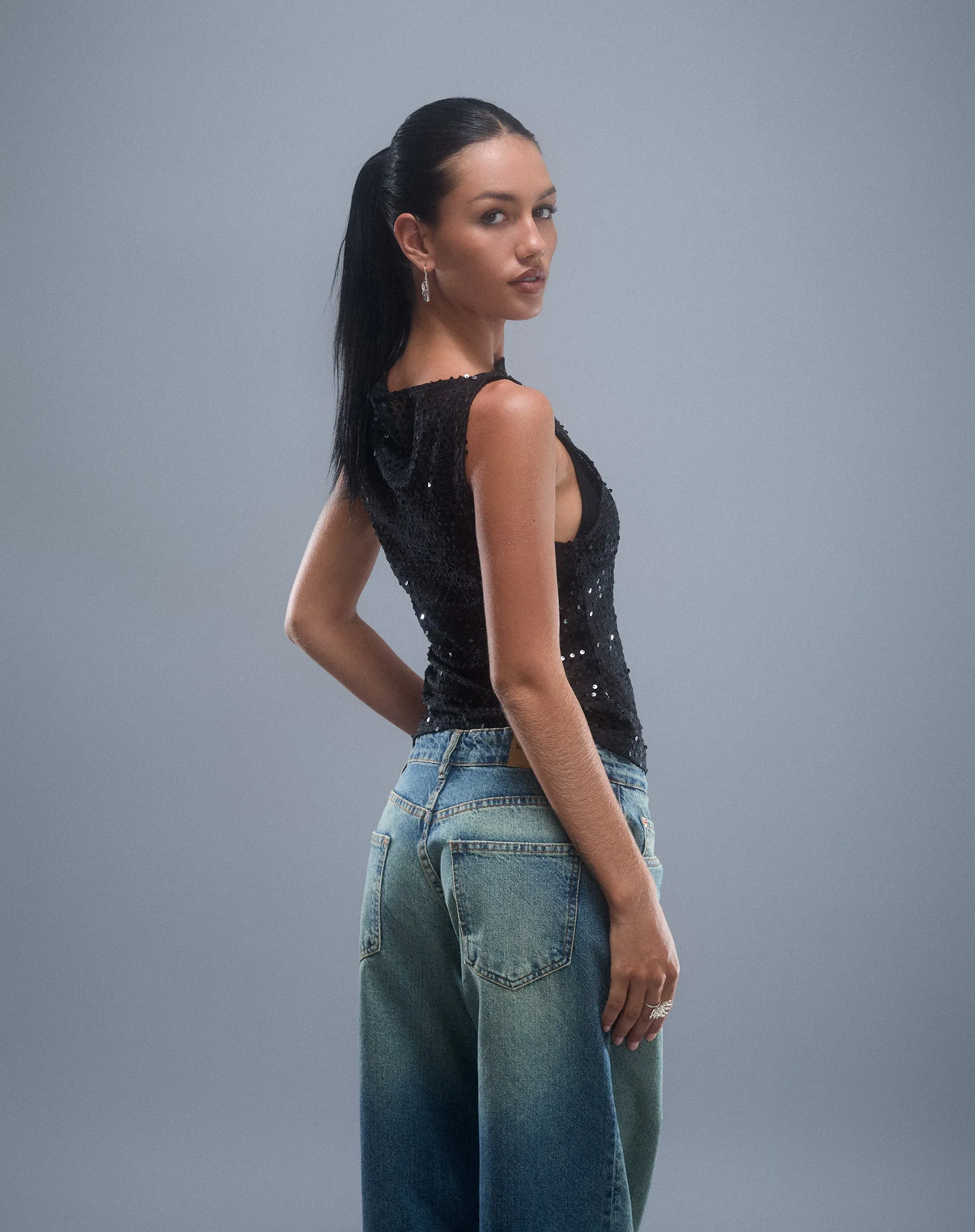 Dudley Vest Top in Sequin Knit Black