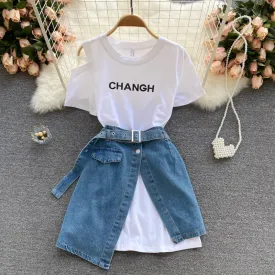 Eden T-shirt dress with Denim Skirt and Belt