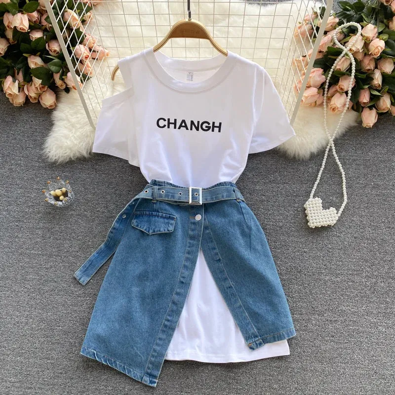 Eden T-shirt dress with Denim Skirt and Belt