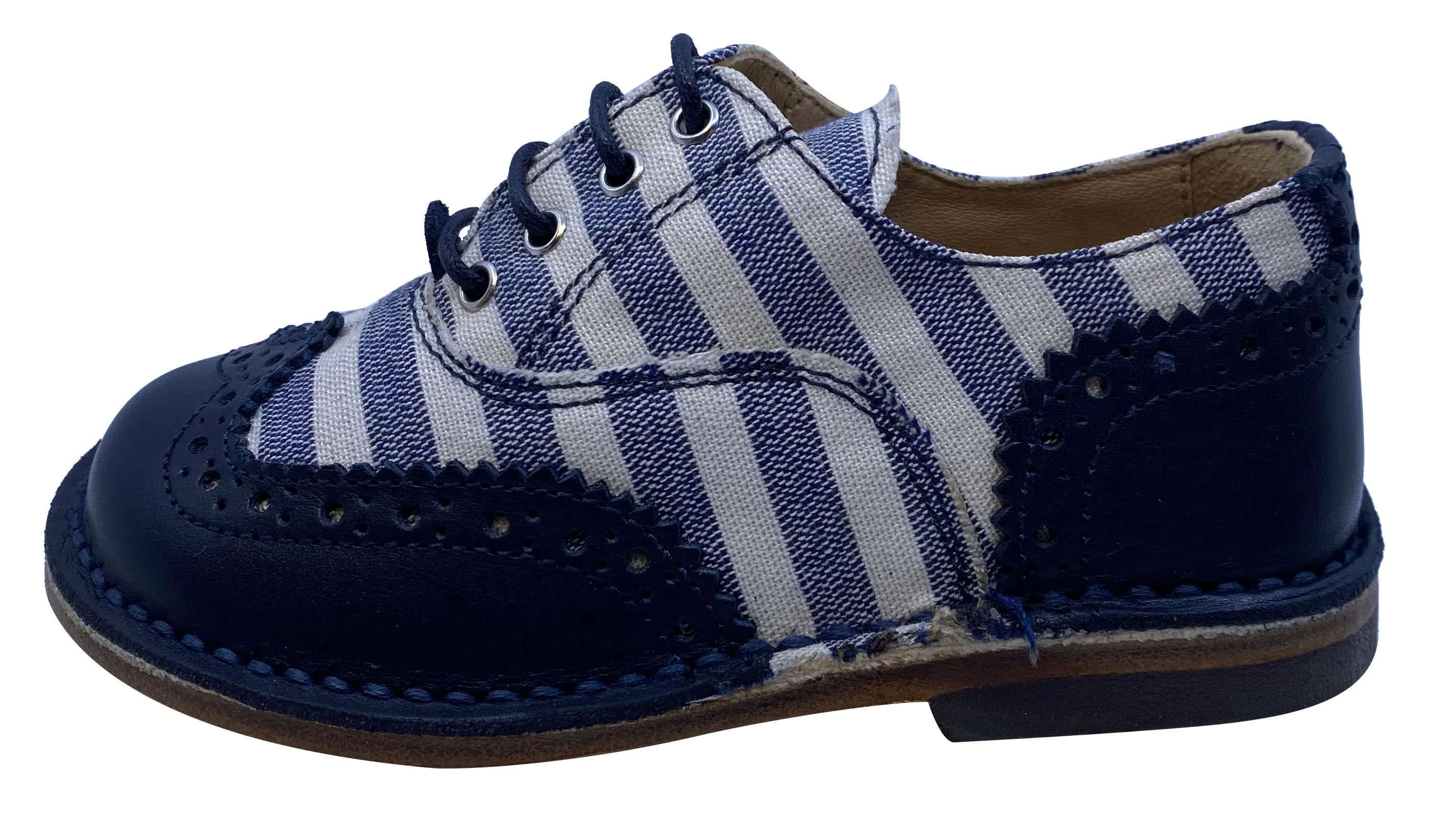 Eureka Boy's Stripe Textile and Navy Handcrafted Leather Oxford