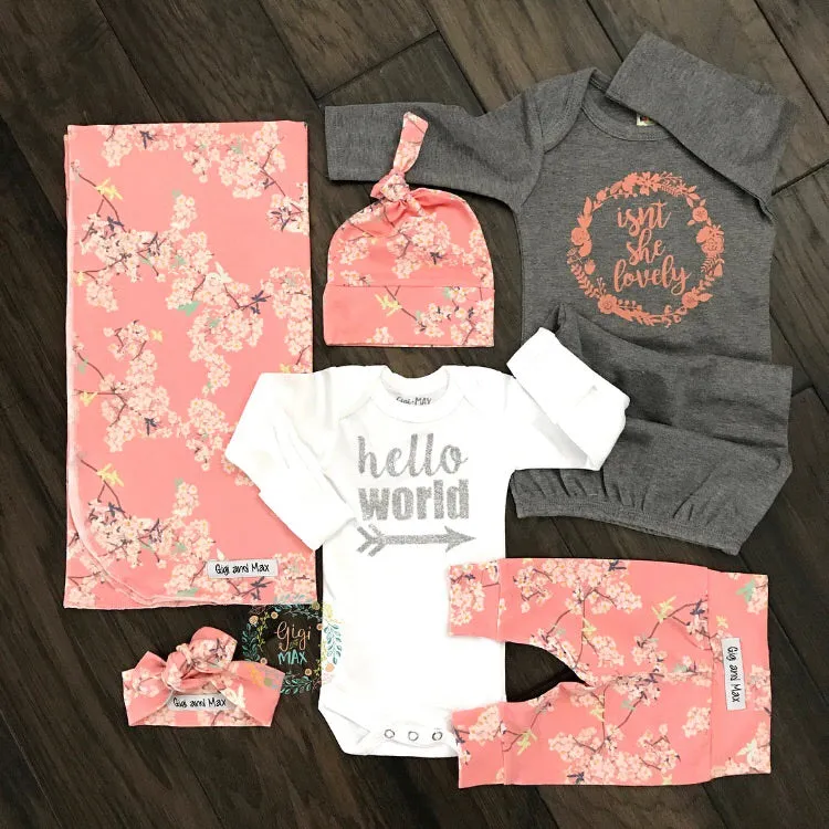 Gray and Peach Isn't she Lovely gown pink floral