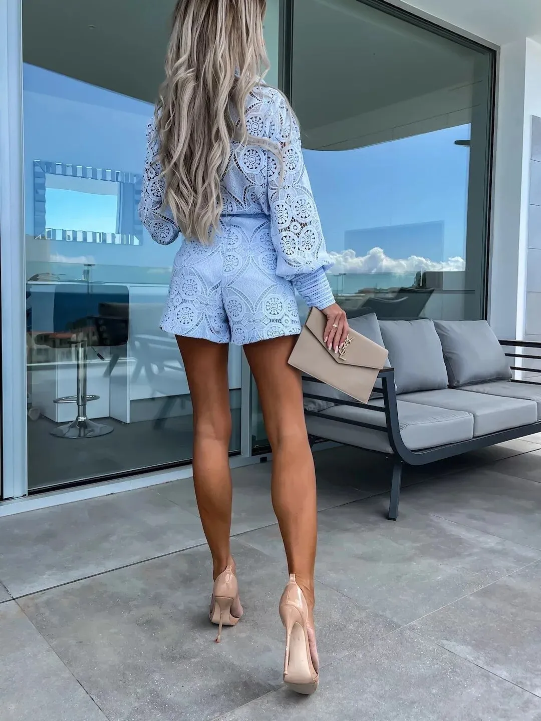 Hillary Hollow out Blouse and Shorts Set