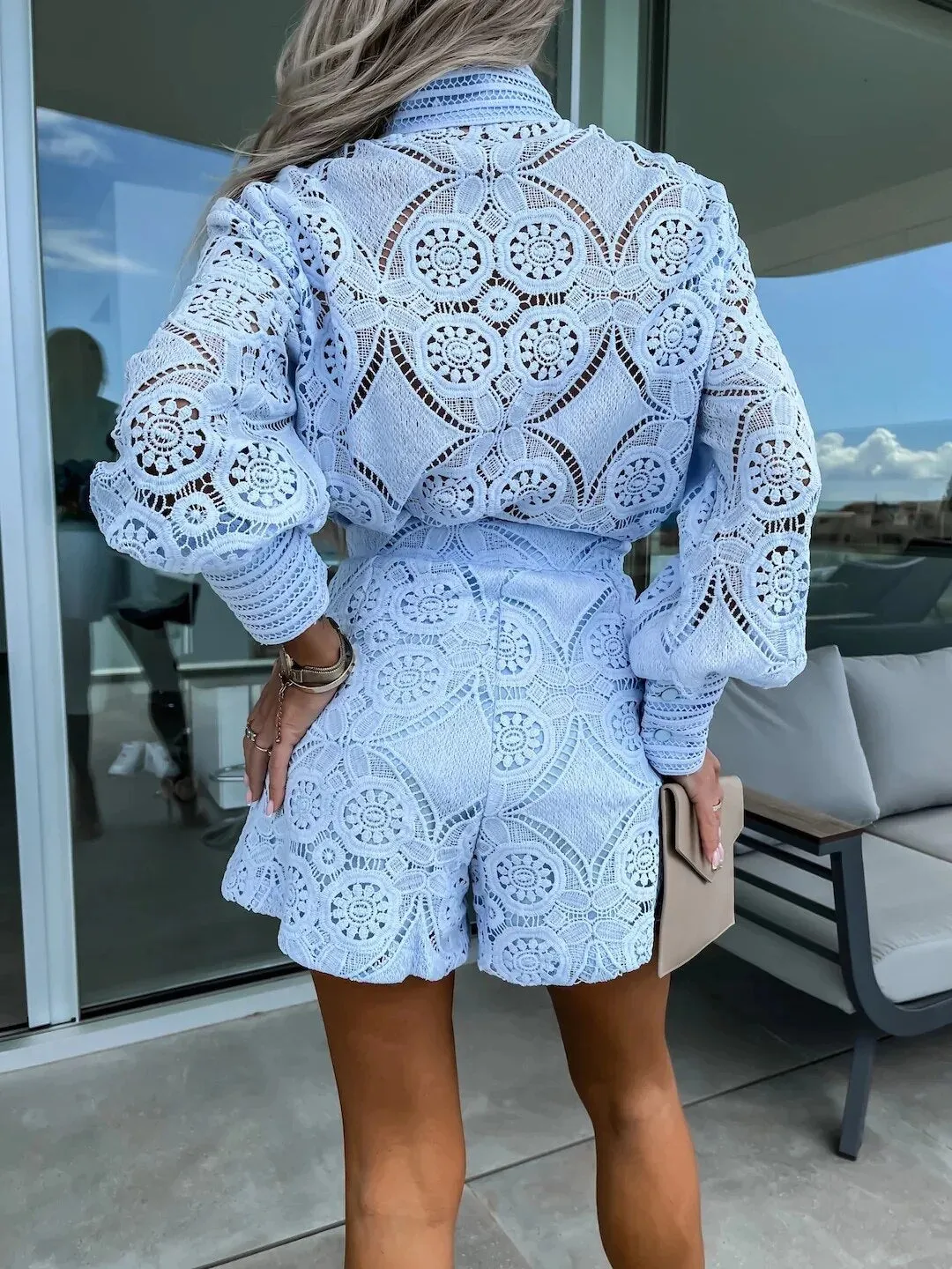 Hillary Hollow out Blouse and Shorts Set
