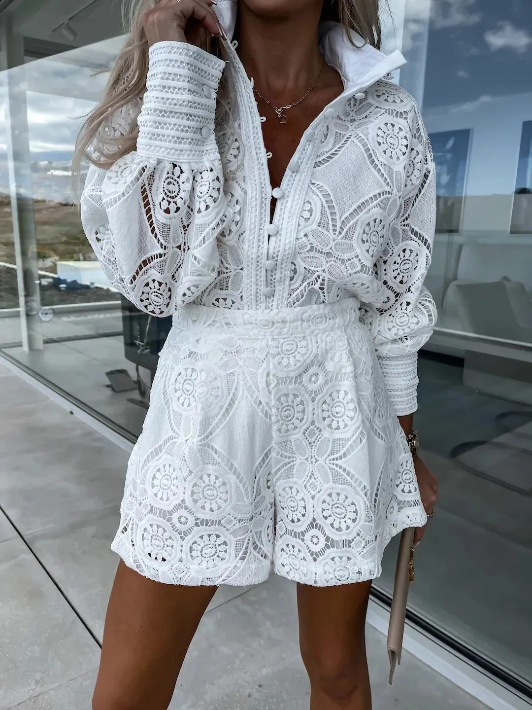 Hillary Hollow out Blouse and Shorts Set