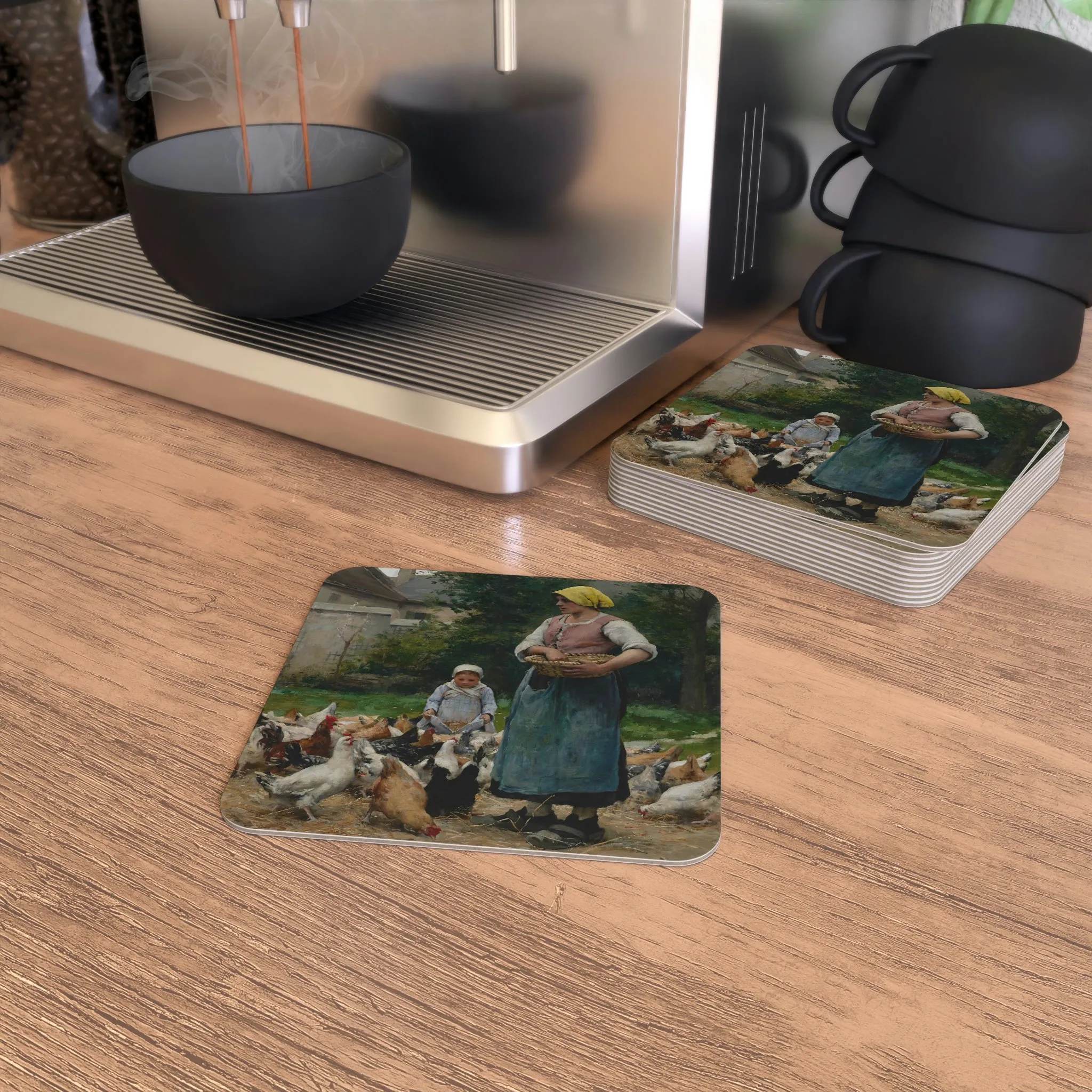 Julien Dupre: "Femme avec des poules" - Coasters (50, 100 pcs)