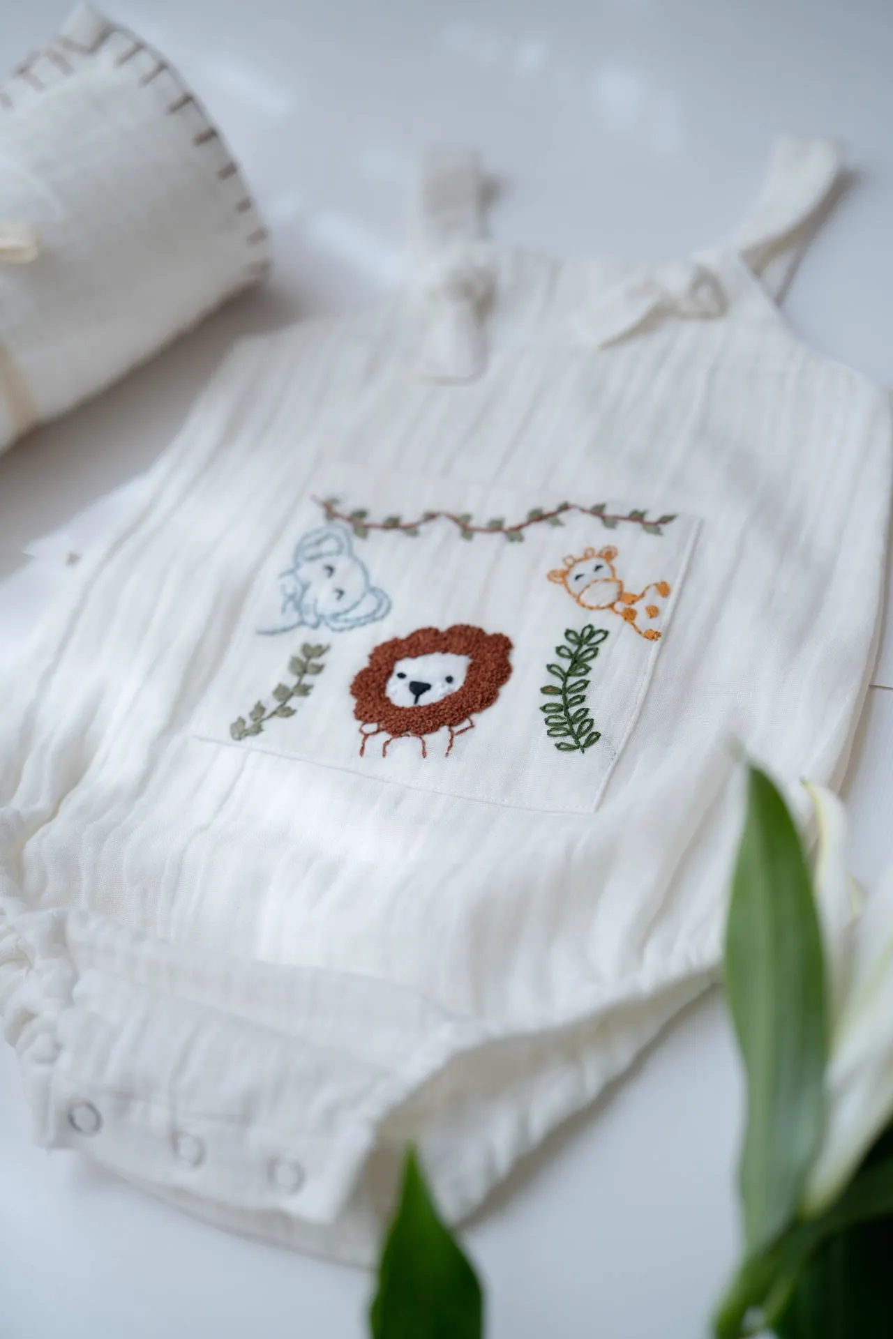 Jungle Pals Playsuit | Cotton Muslin Baby Romper | White