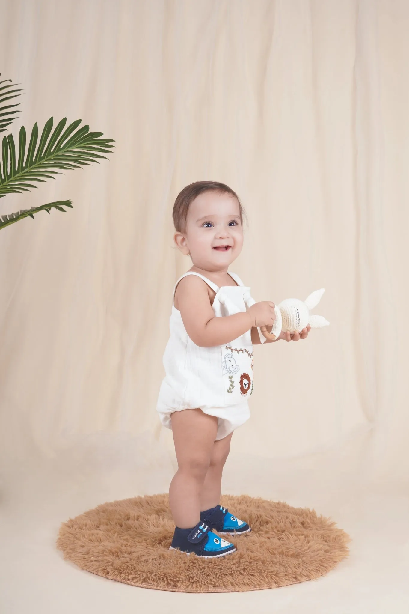 Jungle Pals Playsuit | Cotton Muslin Baby Romper | White
