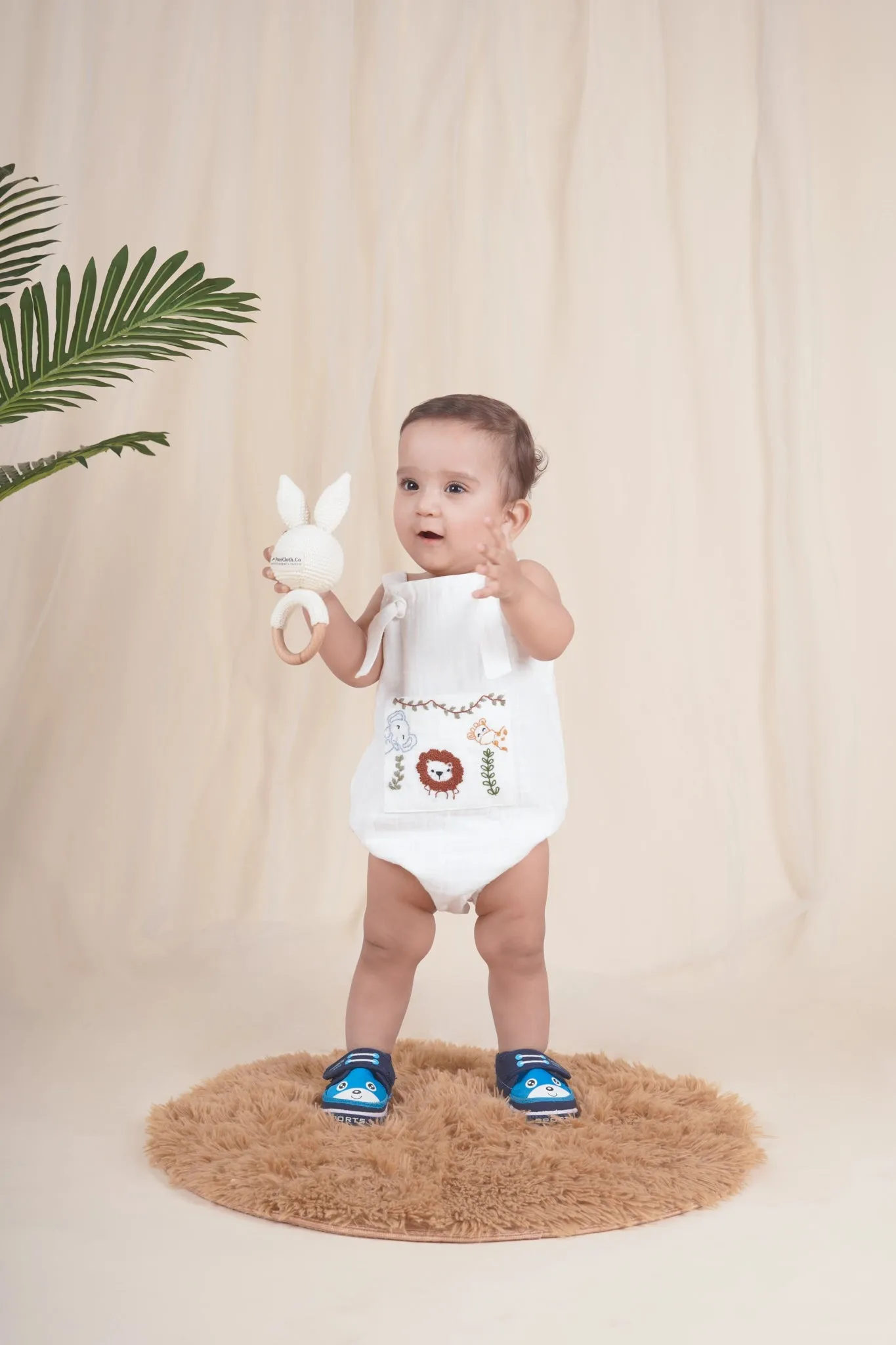 Jungle Pals Playsuit | Cotton Muslin Baby Romper | White
