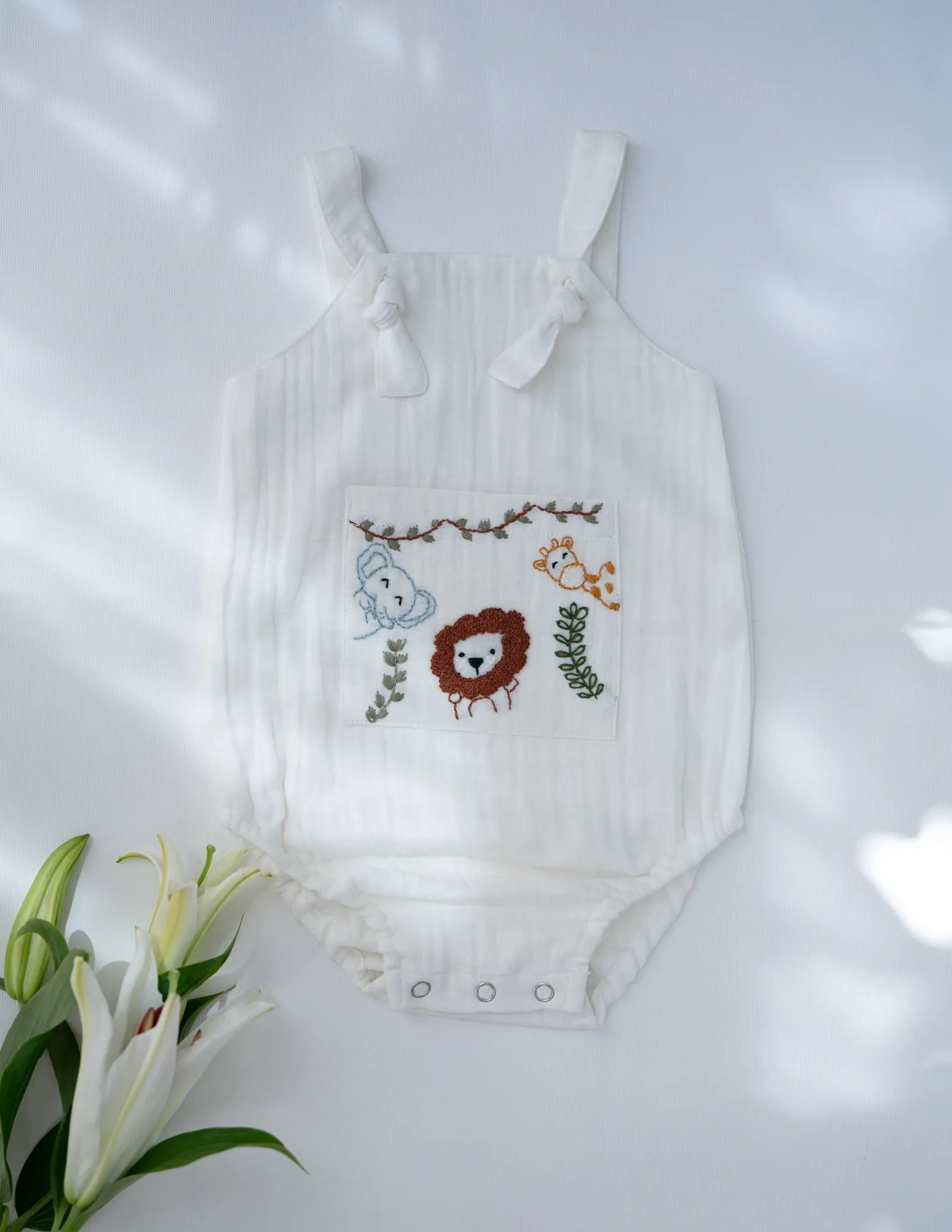 Jungle Pals Playsuit | Cotton Muslin Baby Romper | White