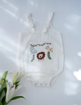 Jungle Pals Playsuit | Cotton Muslin Baby Romper | White