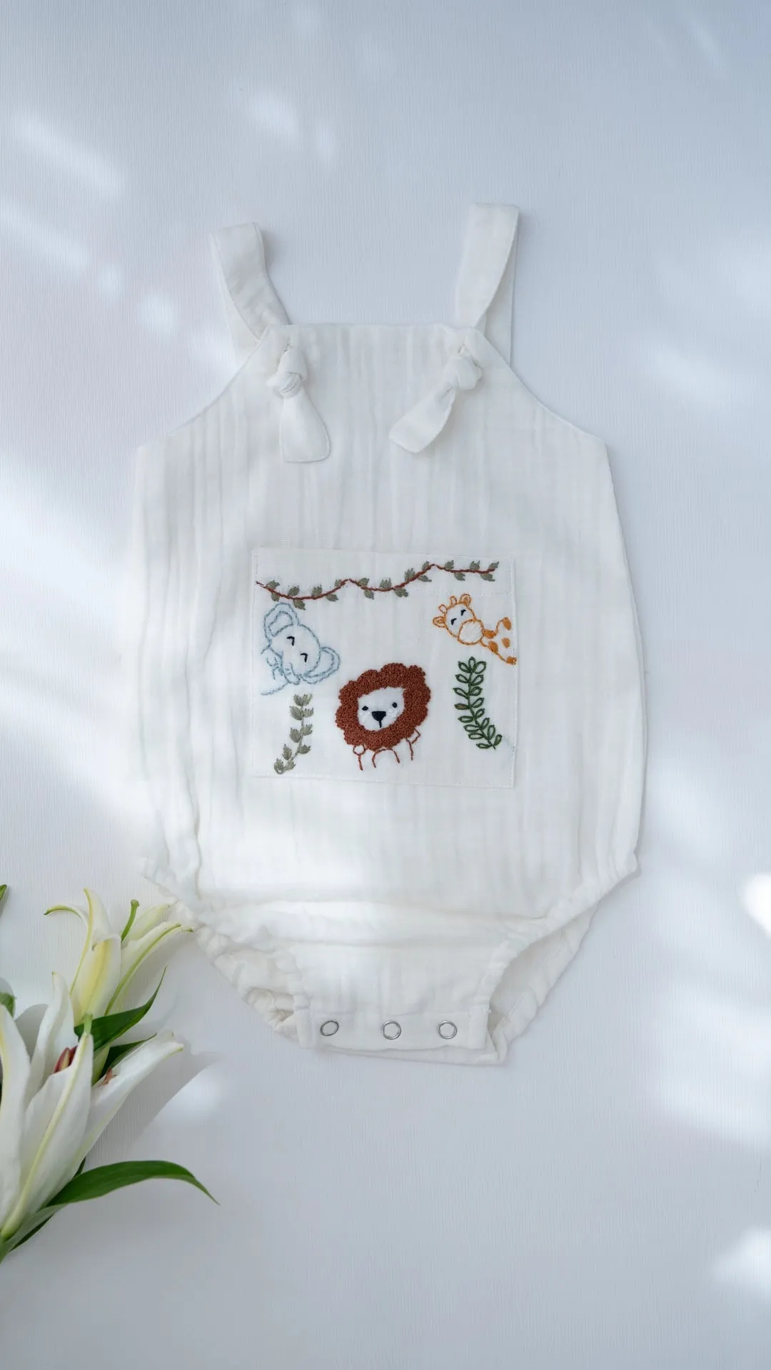 Jungle Pals Playsuit | Cotton Muslin Baby Romper | White