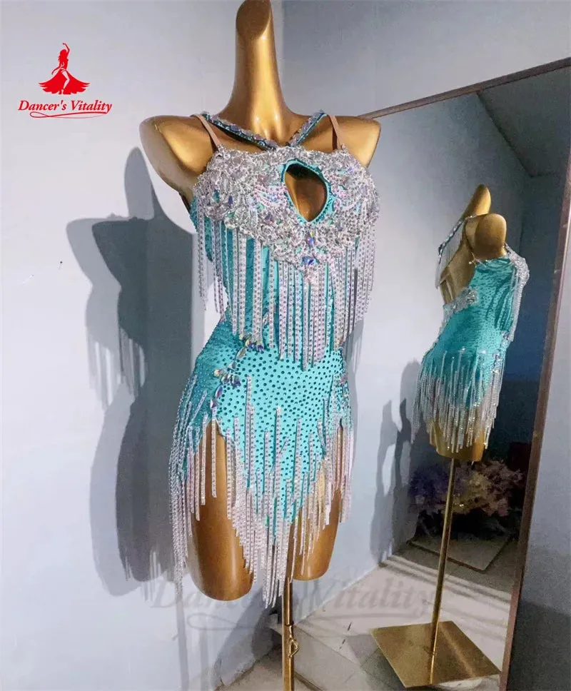 Latin Dance Dress for Women Custom Full AB Stones Rumba Chacha Tango Performance Costume Skirt Adult Child Latin Tassel Dress