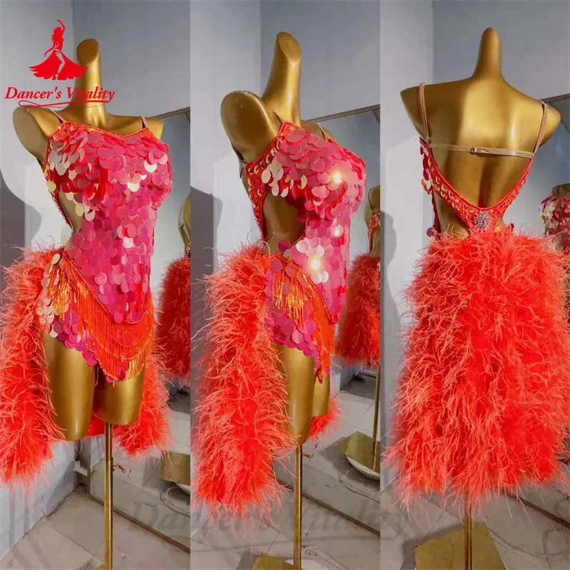 Latin Dance Dress for Women Sequins Feather Rumba Chacha Tango Performance Profession Clothing Custom Adult Child Latin Skirt