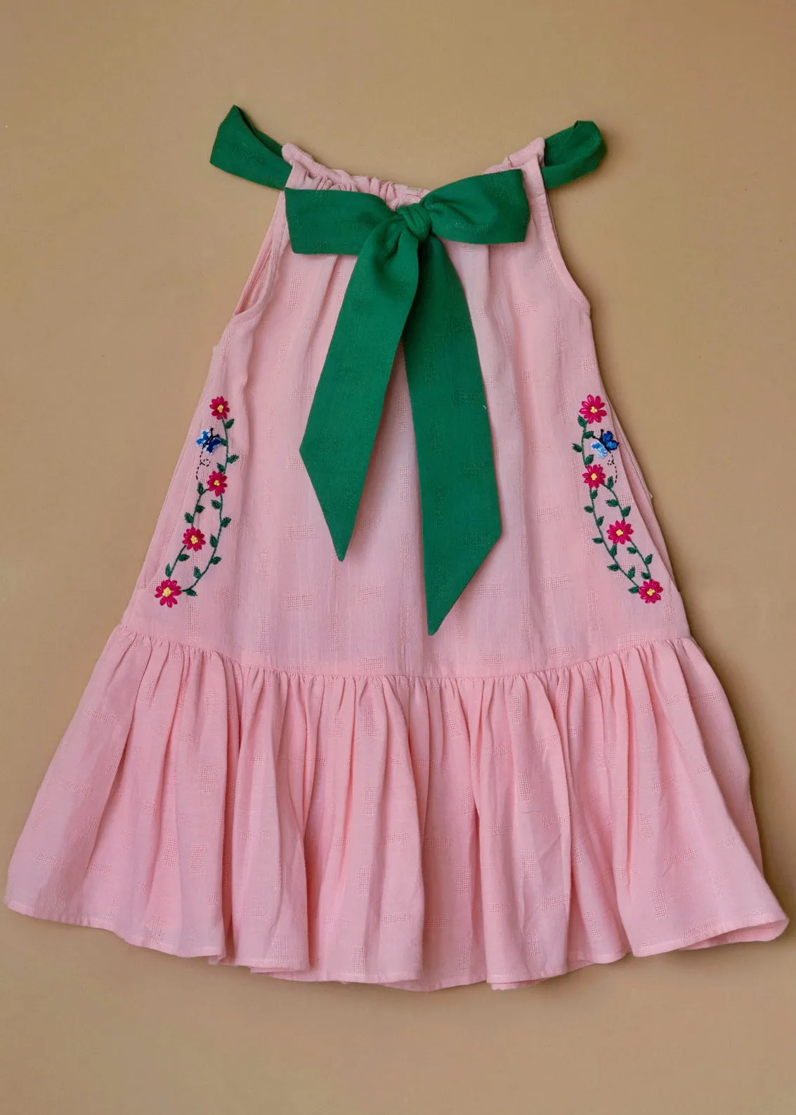 Organic Bow Tie Ruffle Dress - Pink