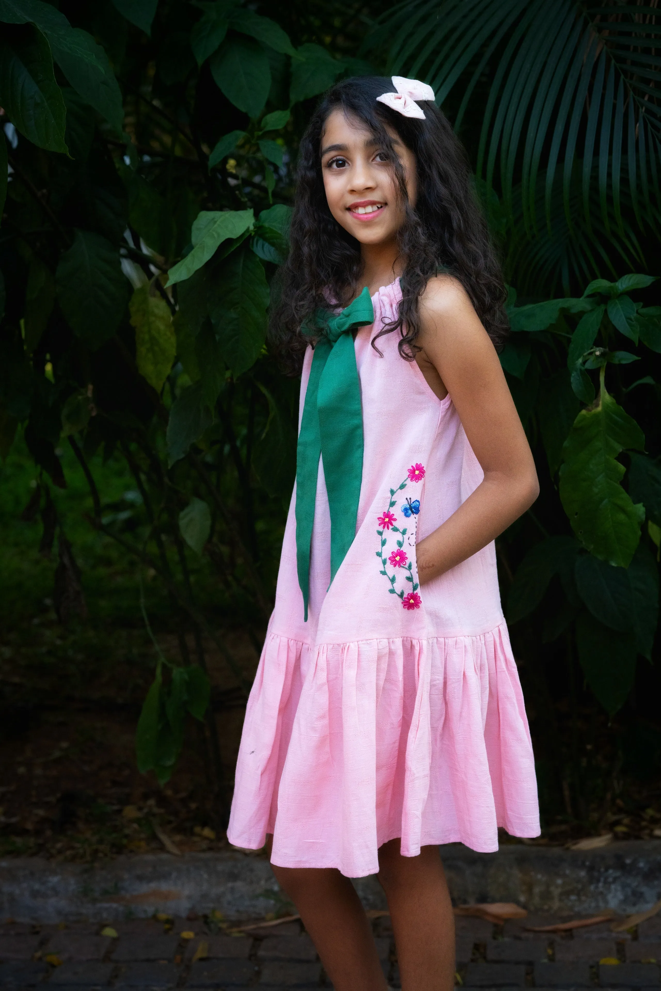 Organic Bow Tie Ruffle Dress - Pink