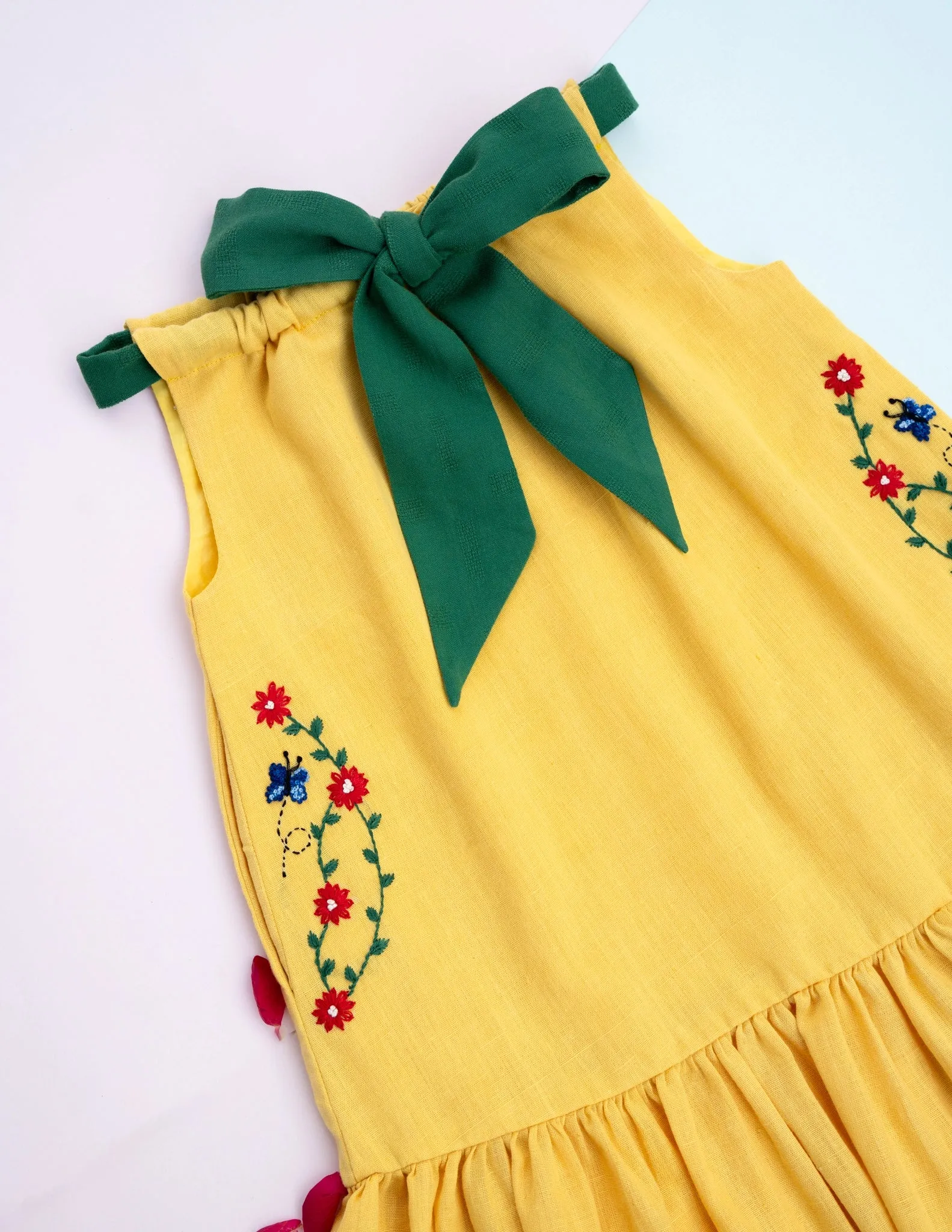 Organic Bow Tie Ruffle Dress | Yellow & Green
