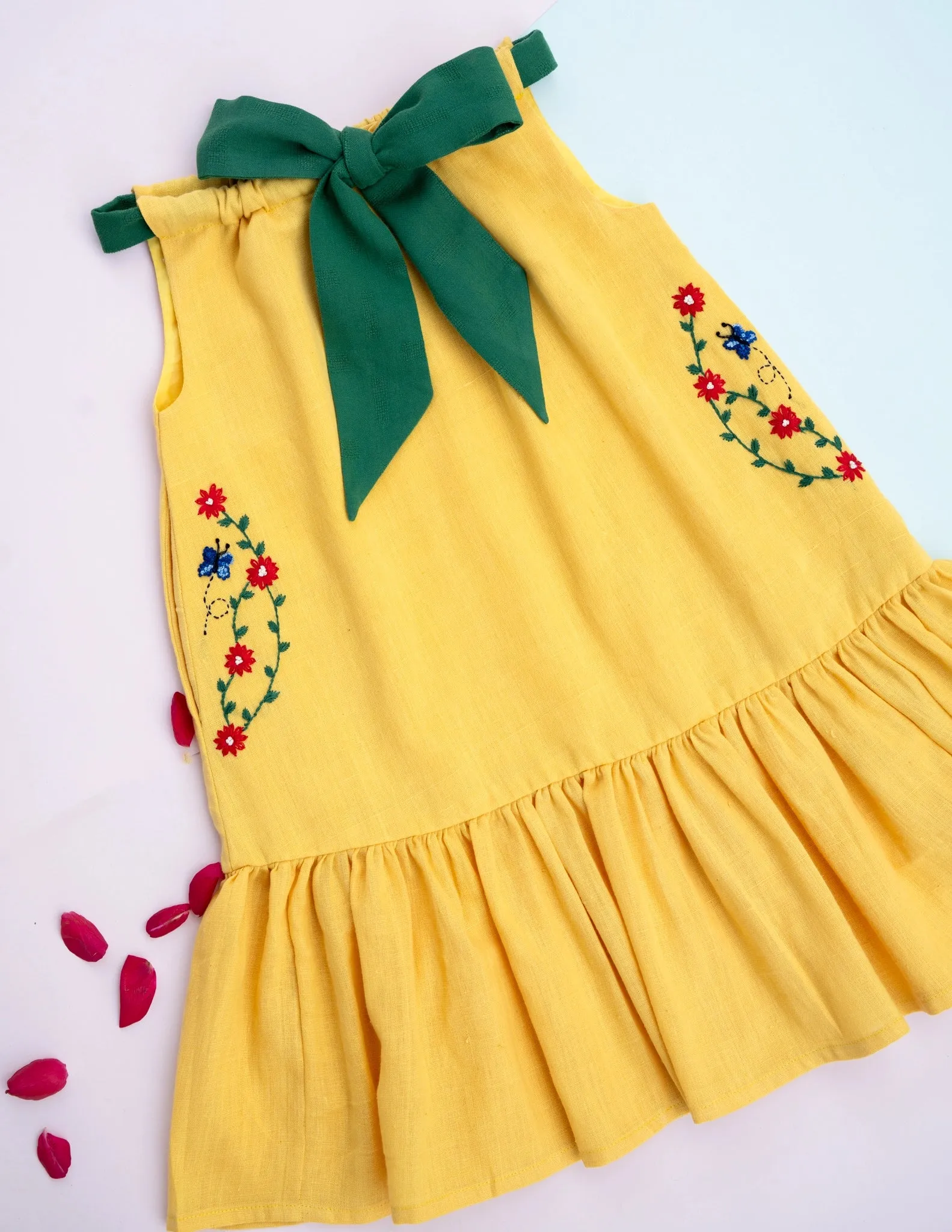 Organic Bow Tie Ruffle Dress | Yellow & Green