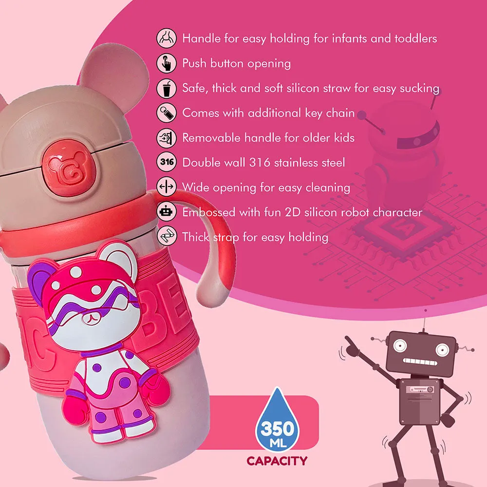 Pink 2d Magic Bear Kids Water bottle for Infants and Toddlers with Handles, 350 ML