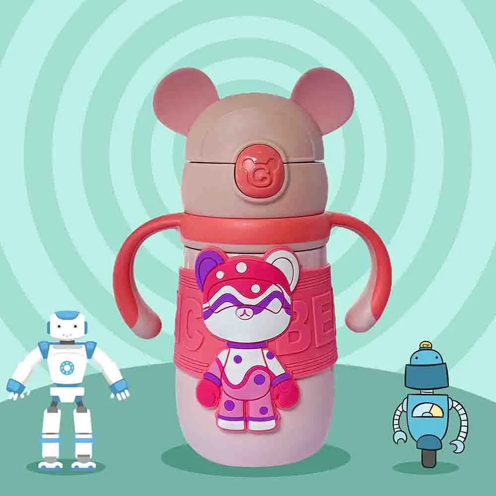 Pink 2d Magic Bear Kids Water bottle for Infants and Toddlers with Handles, 350 ML