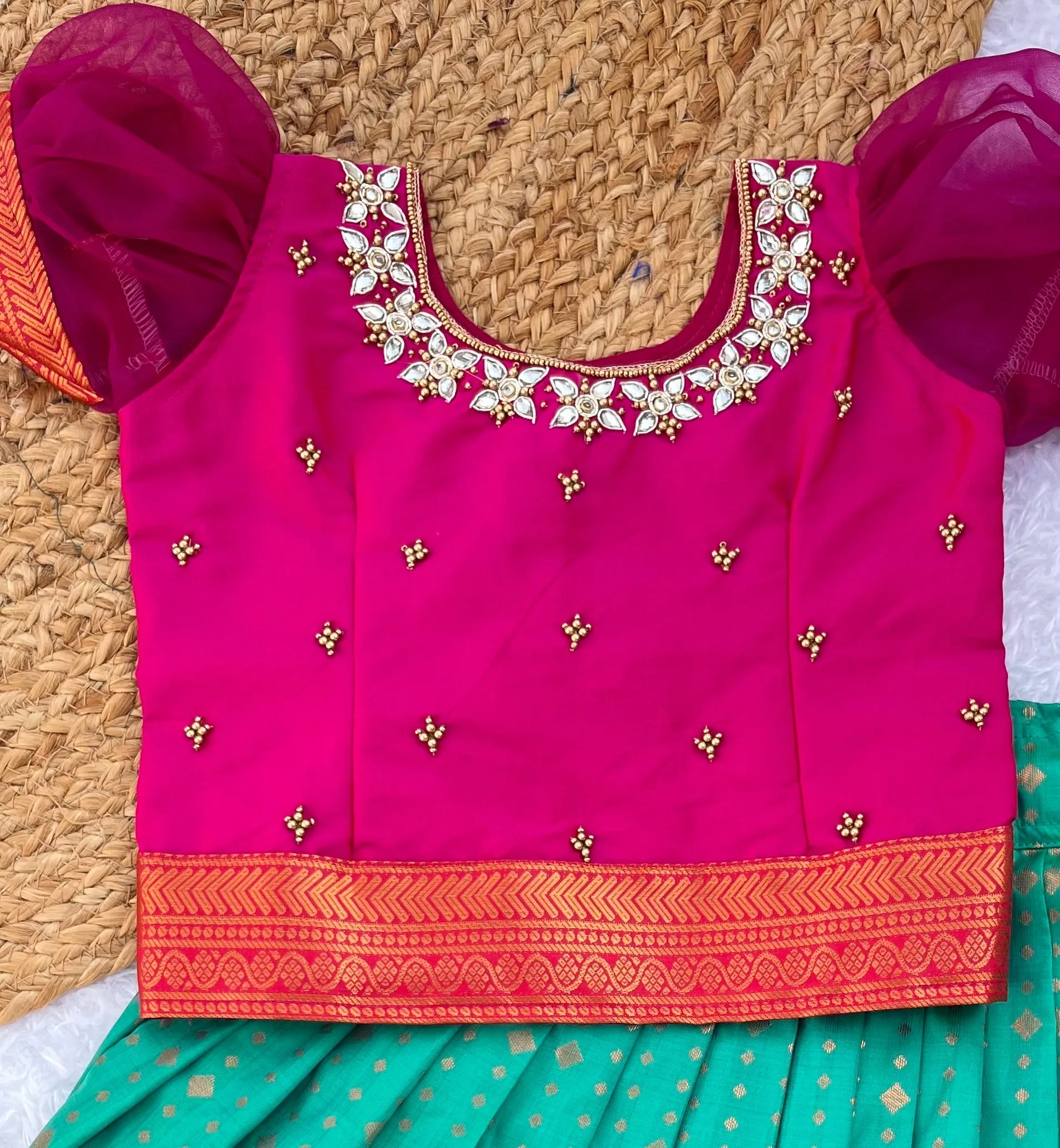 PRE ORDER : Lehenga Choli with Handmade Aari Work – Magenta and Teal Green