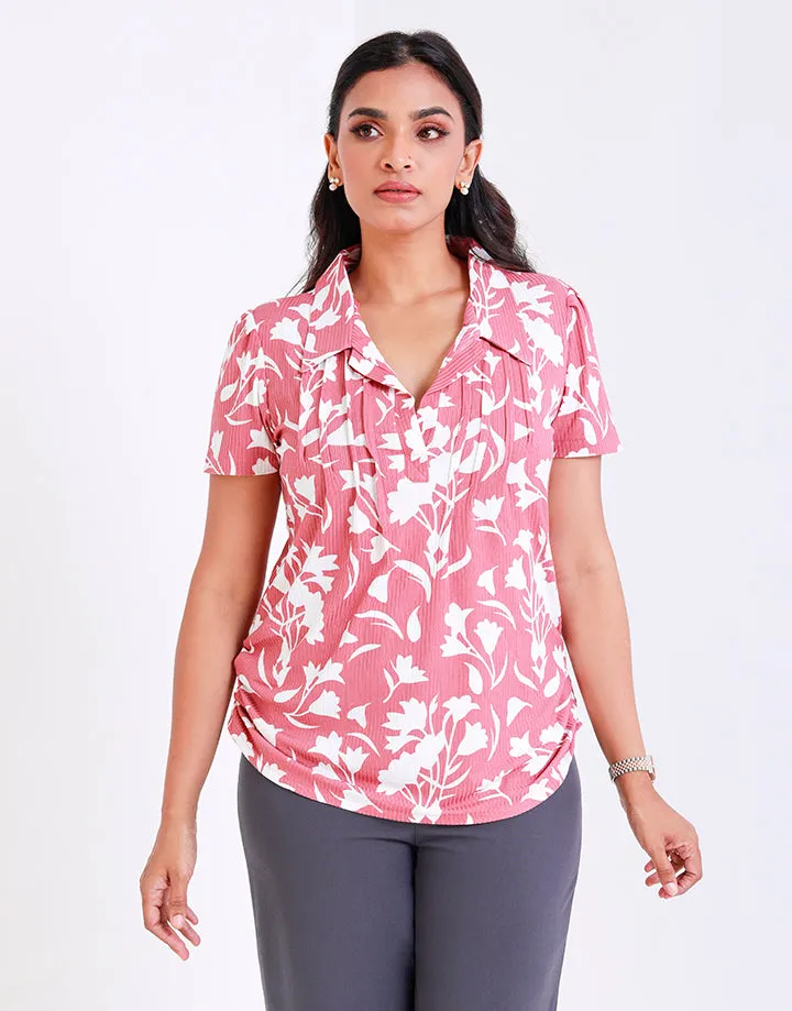 Printed Short Sleeves Top with Pintucks