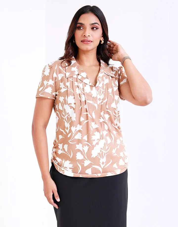 Printed Short Sleeves Top with Pintucks