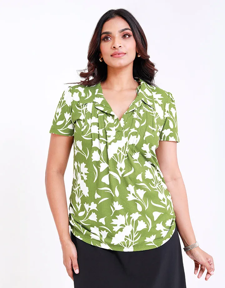 Printed Short Sleeves Top with Pintucks