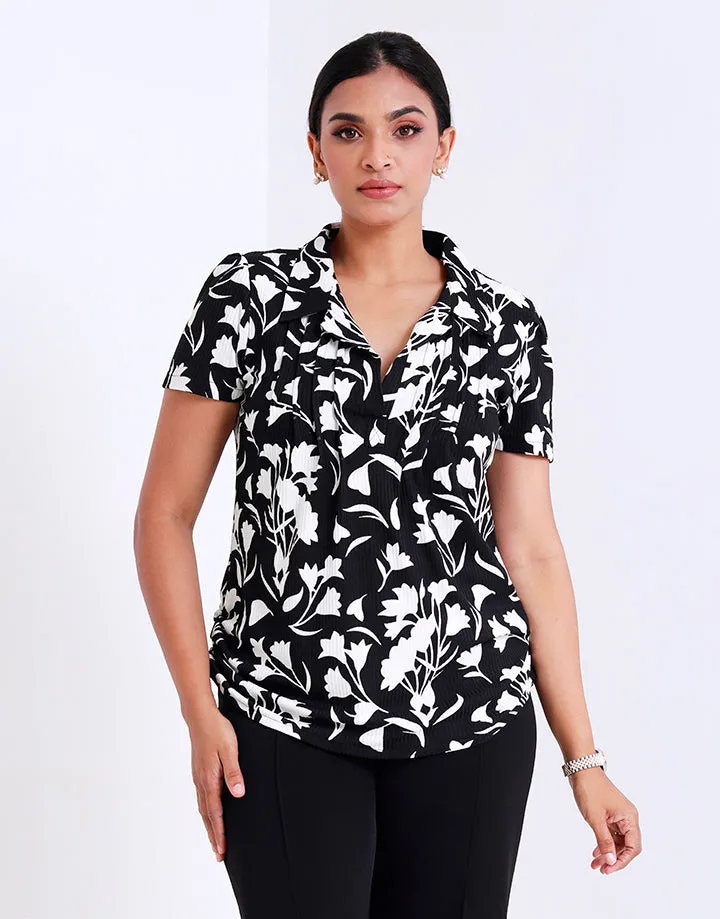 Printed Short Sleeves Top with Pintucks