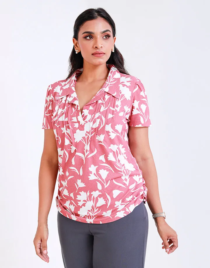 Printed Short Sleeves Top with Pintucks