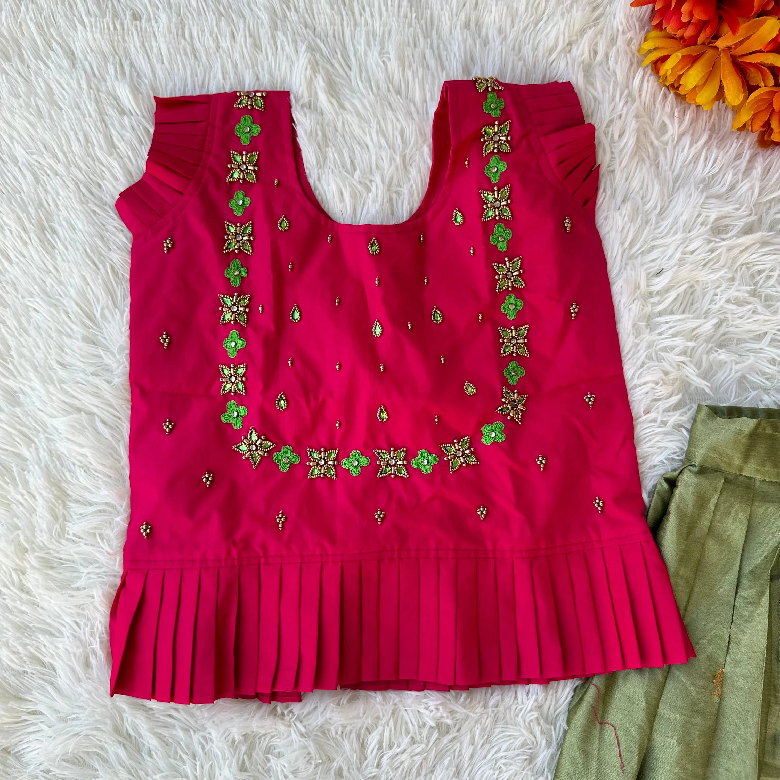 Radiant Youth: Green with Pink Border Semi Paithani Skirt and Top