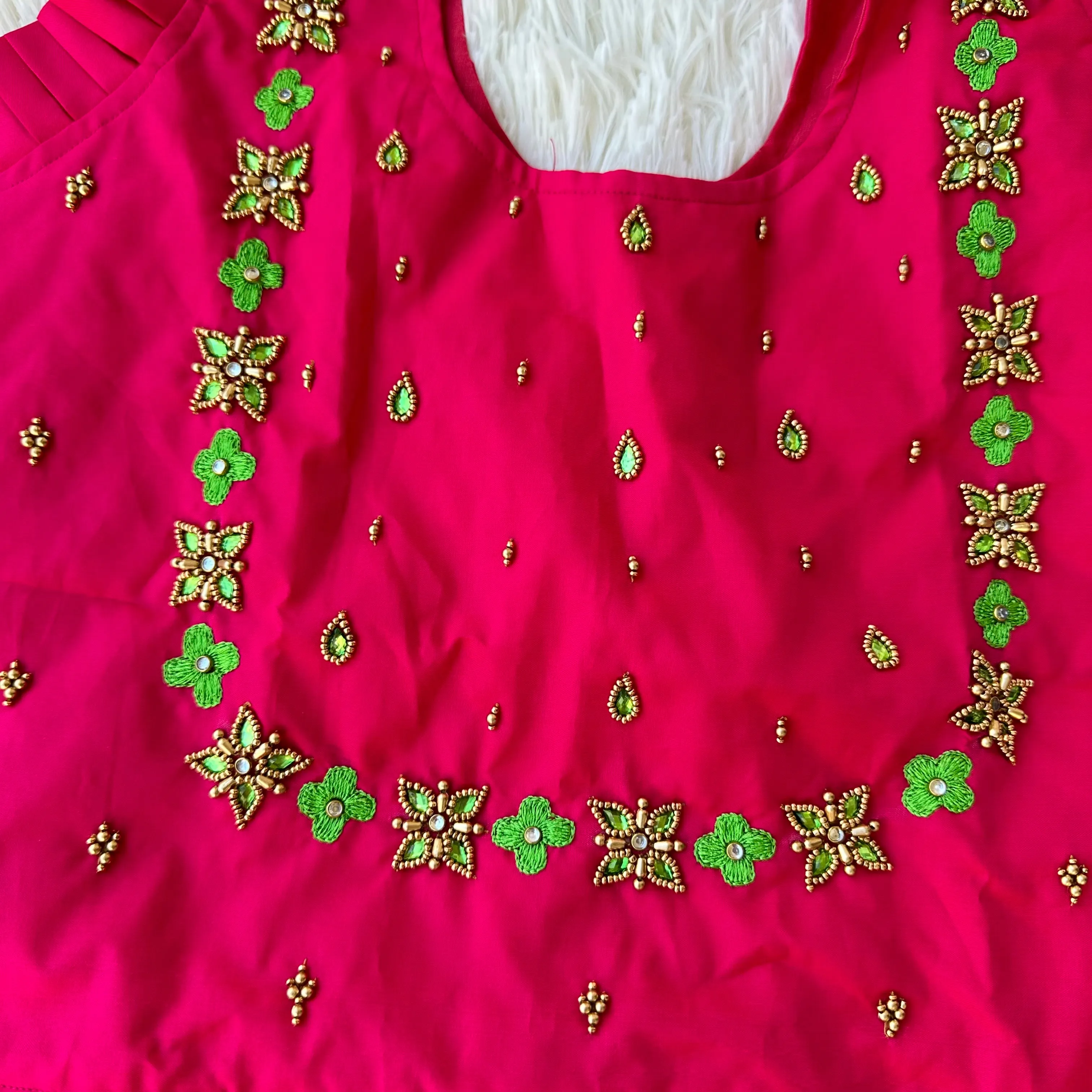 Radiant Youth: Green with Pink Border Semi Paithani Skirt and Top