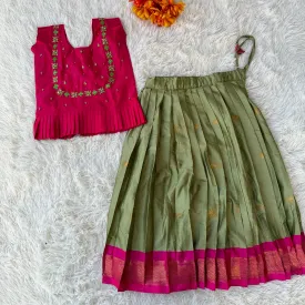 Radiant Youth: Green with Pink Border Semi Paithani Skirt and Top