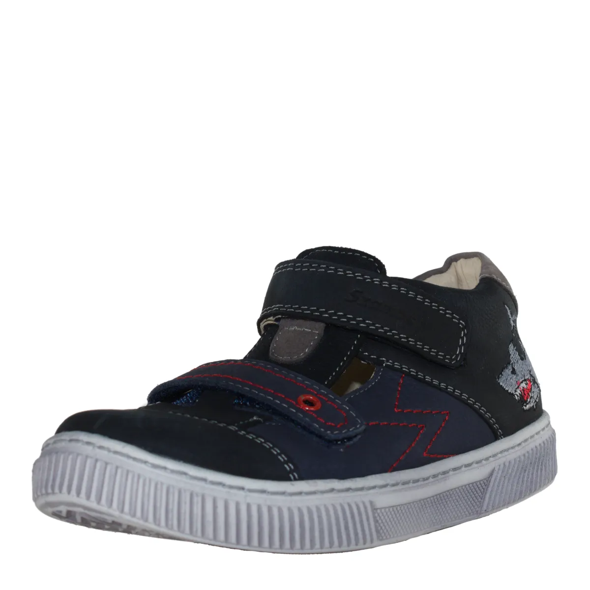 Szamos kid boy sandals in light and navy blue color and shark pattern with double velcro strap toddler/little kid/big kid size