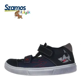 Szamos kid boy sandals in light and navy blue color and shark pattern with double velcro strap toddler/little kid/big kid size