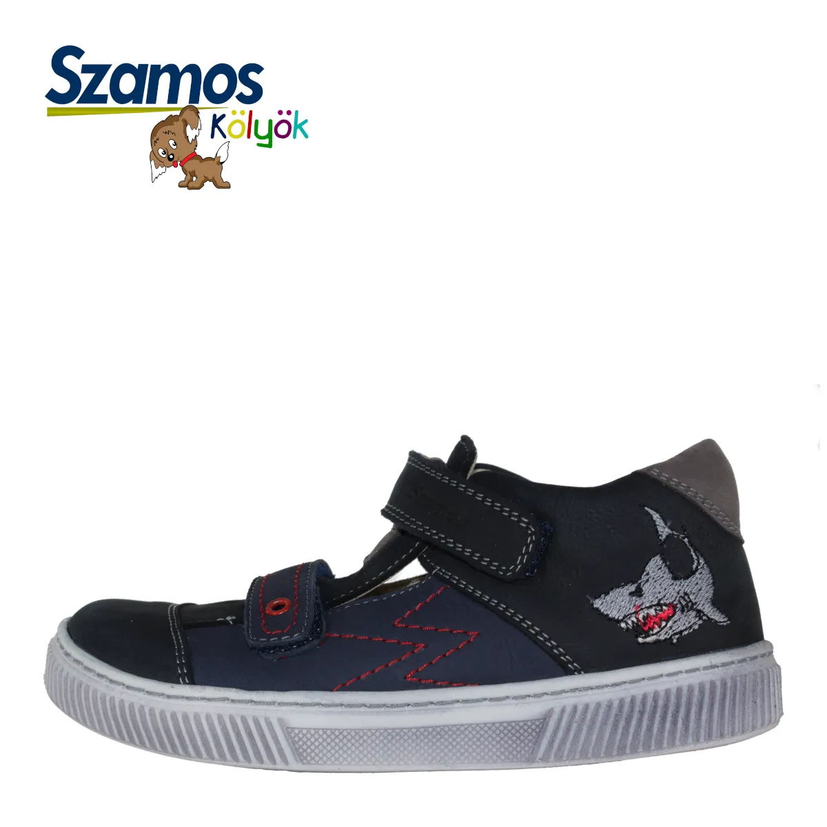 Szamos kid boy sandals in light and navy blue color and shark pattern with double velcro strap toddler/little kid/big kid size