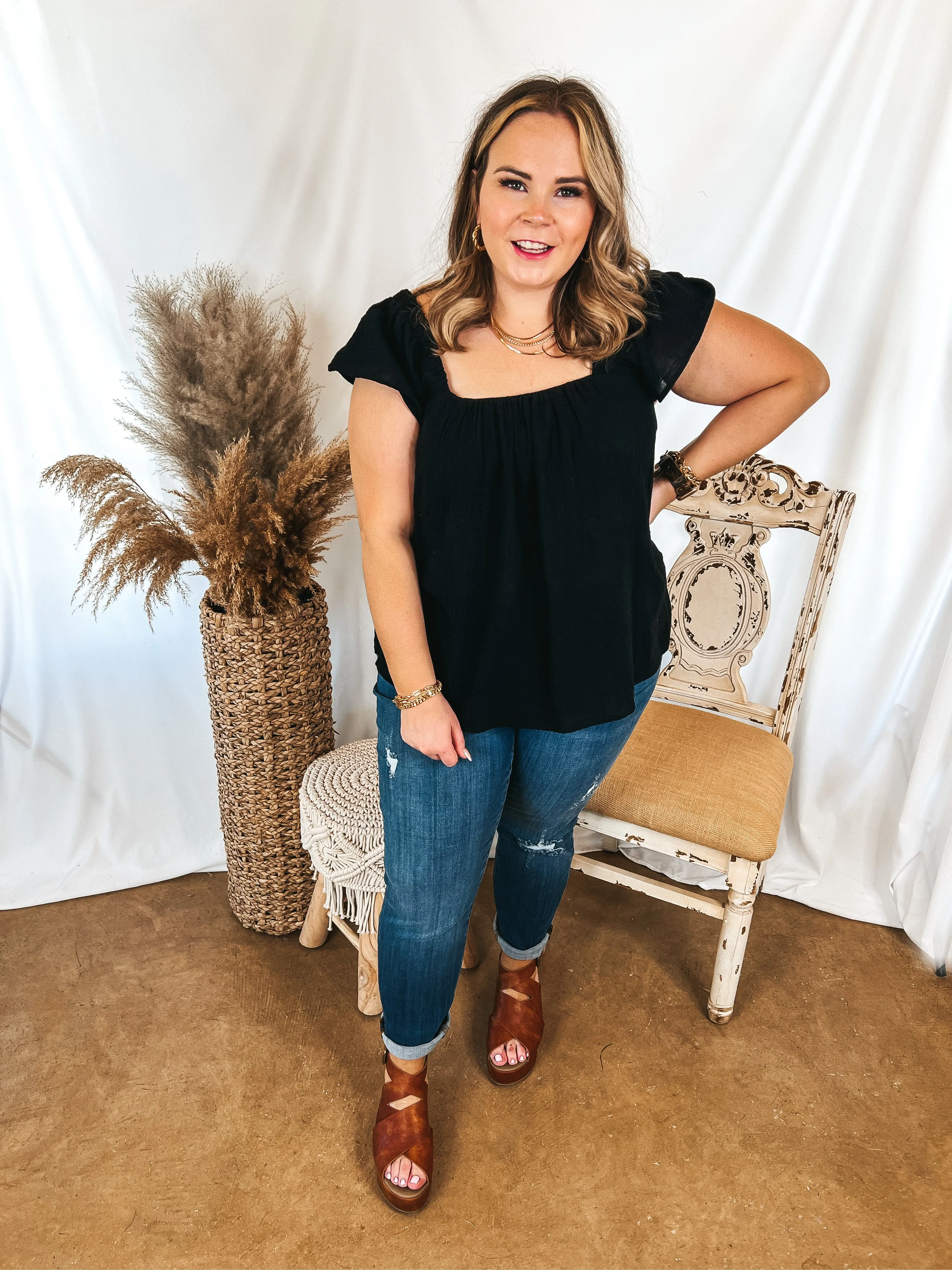 Thinking Out Loud Square Neck Cap Sleeve Top in Black