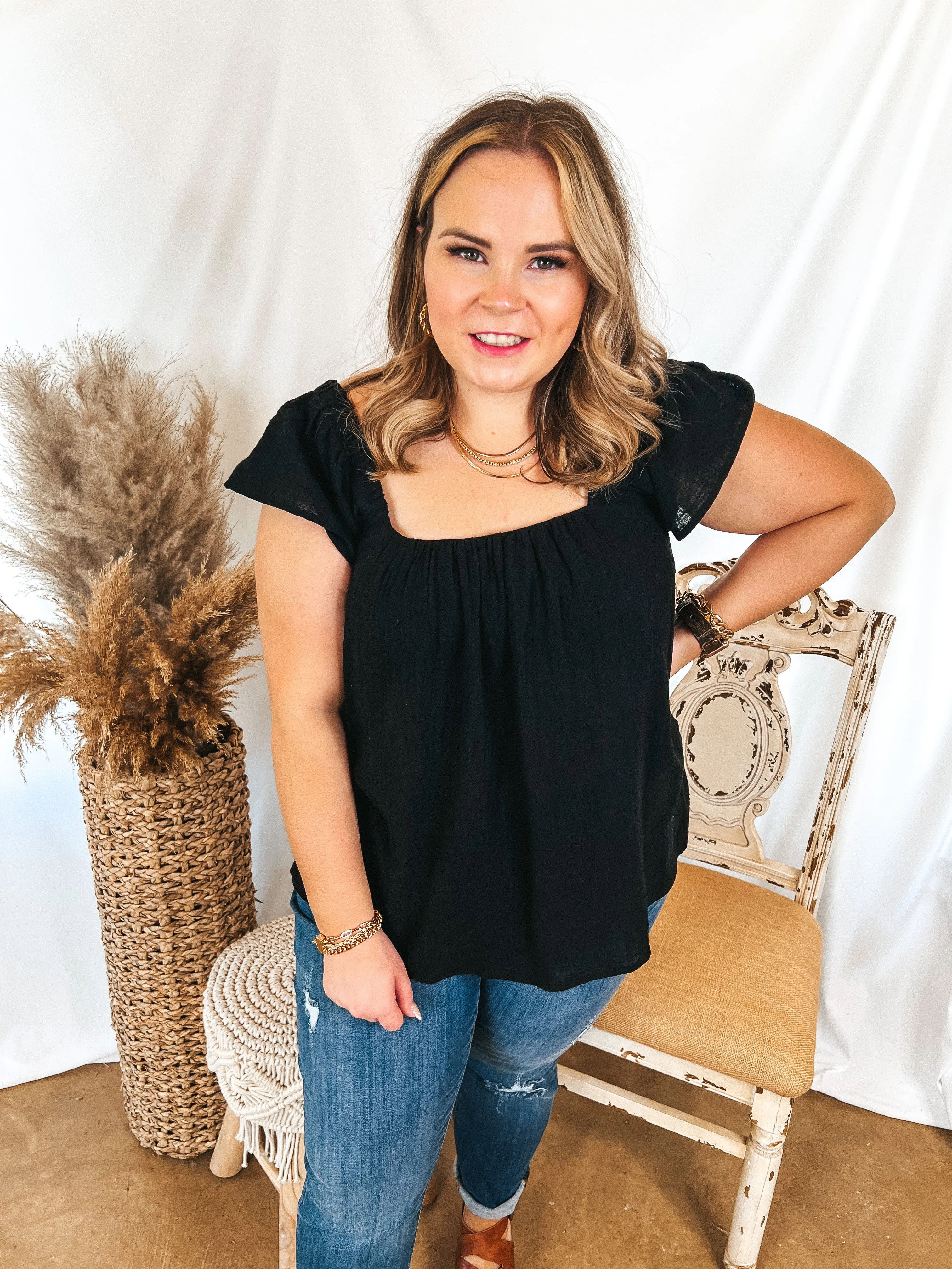 Thinking Out Loud Square Neck Cap Sleeve Top in Black