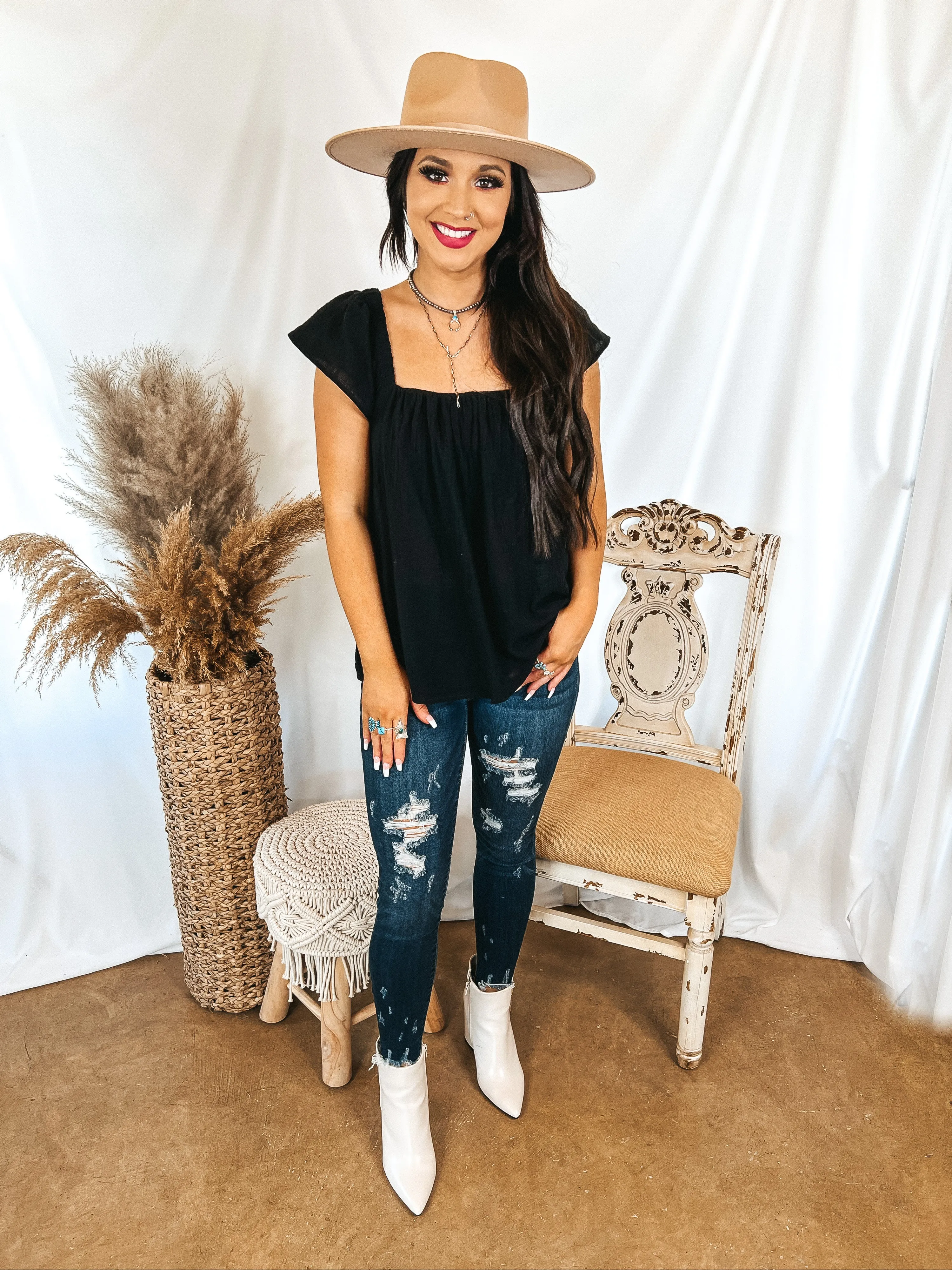 Thinking Out Loud Square Neck Cap Sleeve Top in Black
