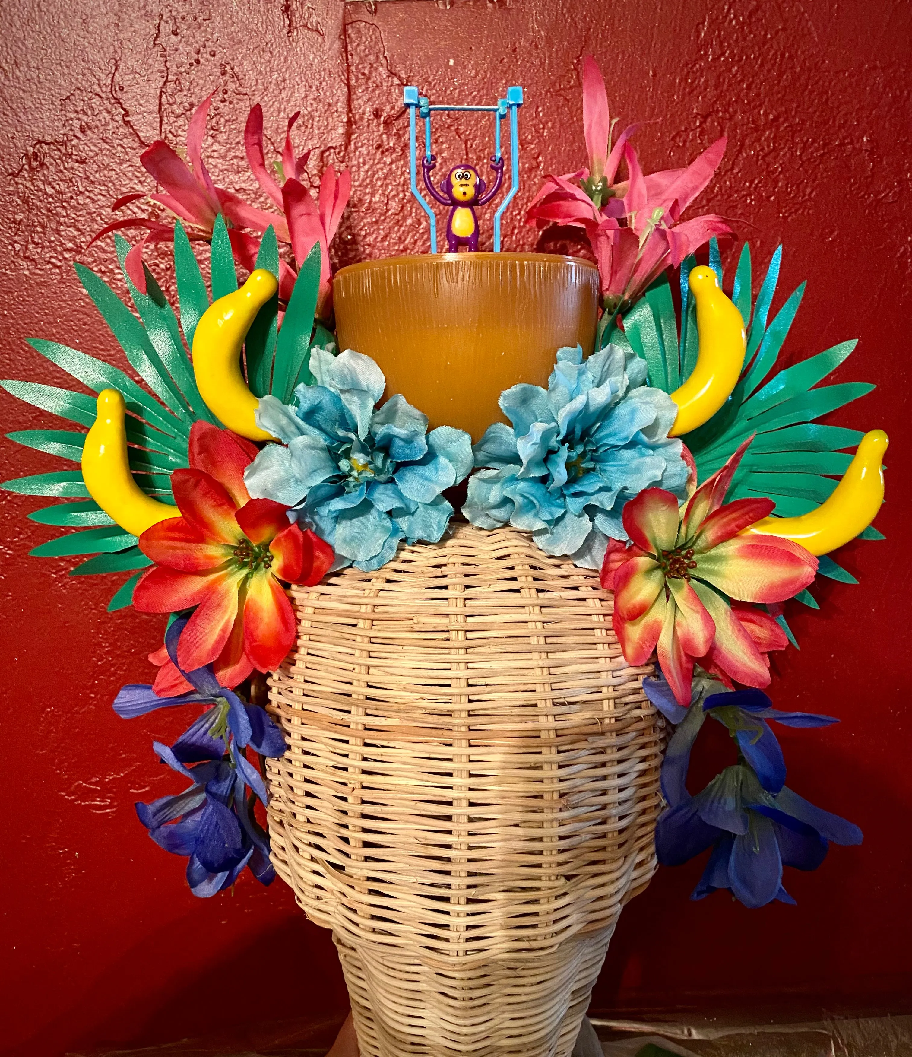 Tiki Monkey Banana Orchid Flower Crown, Pink Orange Fruit Tropical Headpiece, Jungle Leaves Greenery Oasis Hukilau Fascinator, Quirky Dapper Day Tikibilly Headdress, Polynesian Pop Hand Made Festival New Orleans