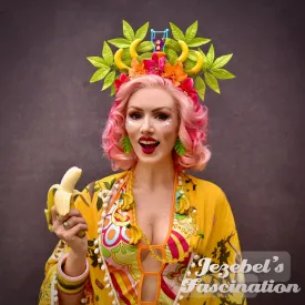 Tiki Monkey Banana Orchid Flower Crown, Pink Orange Fruit Tropical Headpiece, Jungle Leaves Greenery Oasis Hukilau Fascinator, Quirky Dapper Day Tikibilly Headdress, Polynesian Pop Hand Made Festival New Orleans