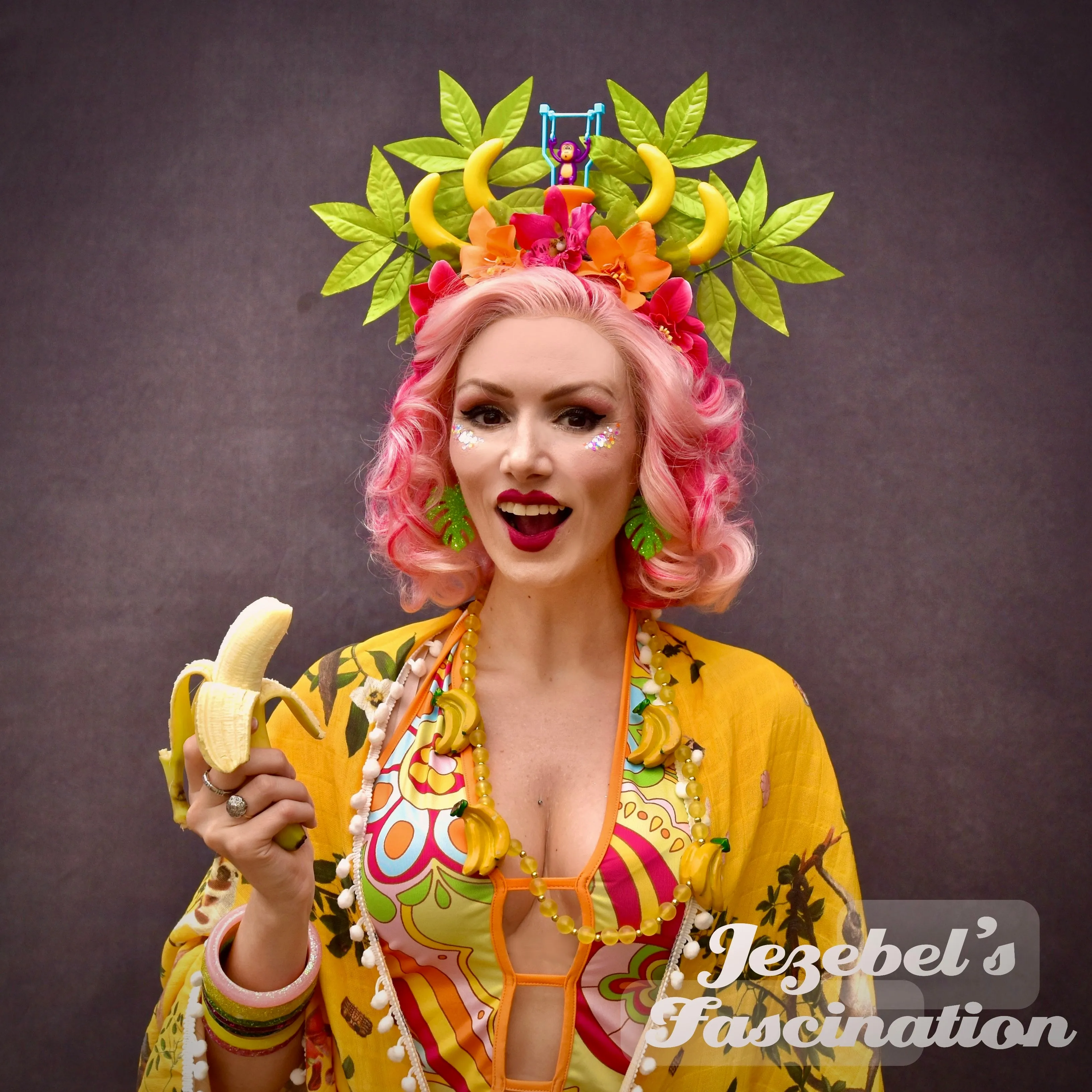 Tiki Monkey Banana Orchid Flower Crown, Pink Orange Fruit Tropical Headpiece, Jungle Leaves Greenery Oasis Hukilau Fascinator, Quirky Dapper Day Tikibilly Headdress, Polynesian Pop Hand Made Festival New Orleans