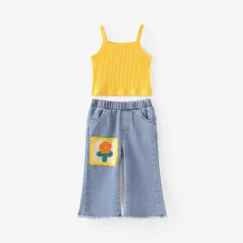 Toddler Girl 2pcs Camisole & Embroidery Denim Jeans Set