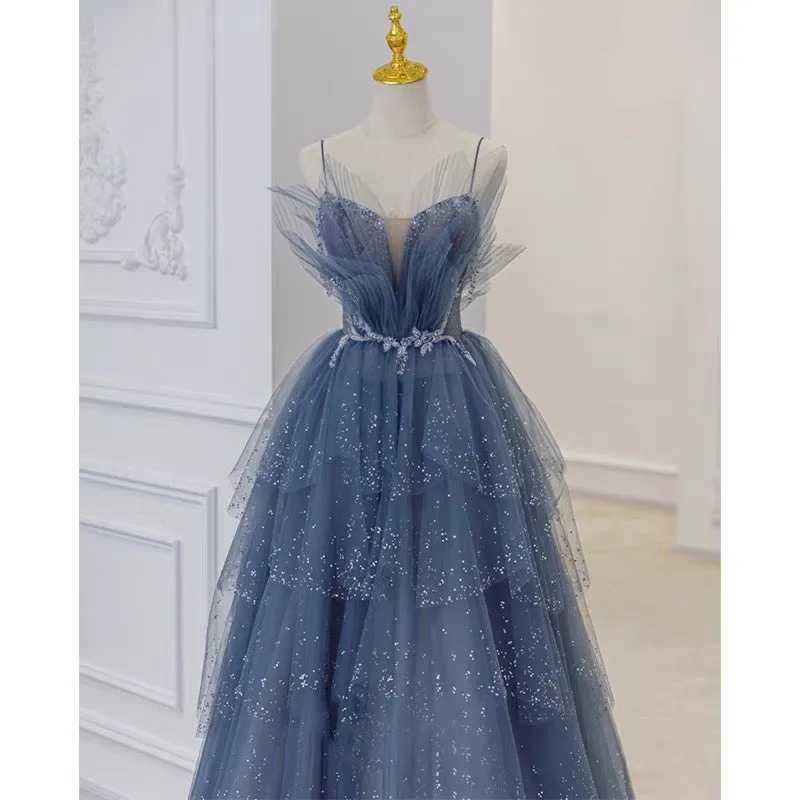 Unique Tulle Tiered Dusty Blue Prom Dress