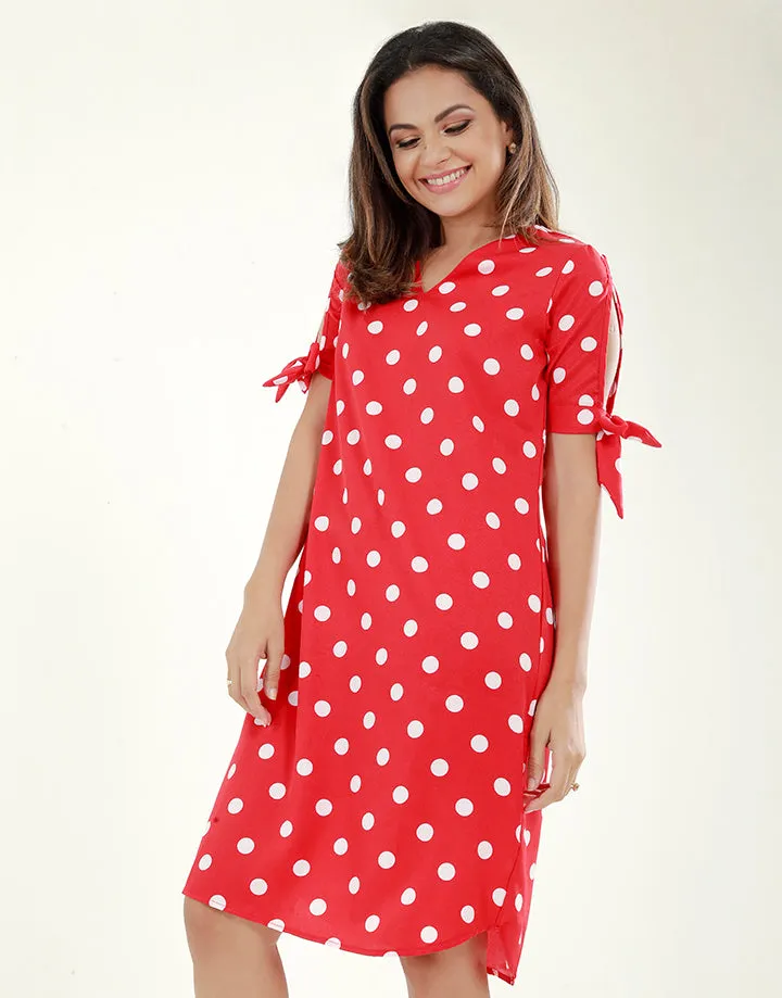 V-Neck Polka Dotted Dress with Knotted Sleeves