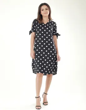 V-Neck Polka Dotted Dress with Knotted Sleeves