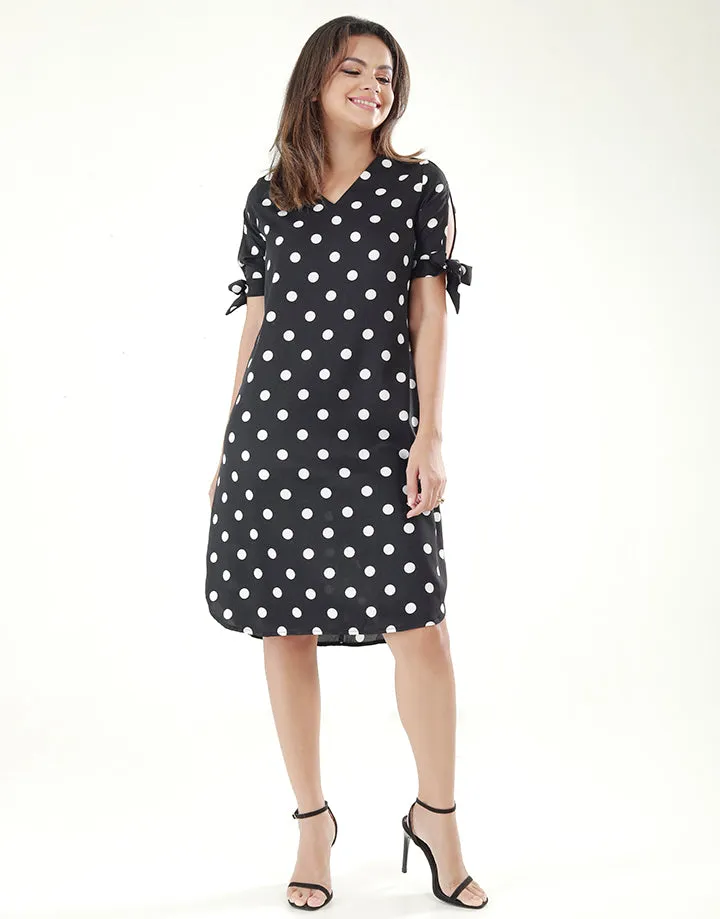 V-Neck Polka Dotted Dress with Knotted Sleeves