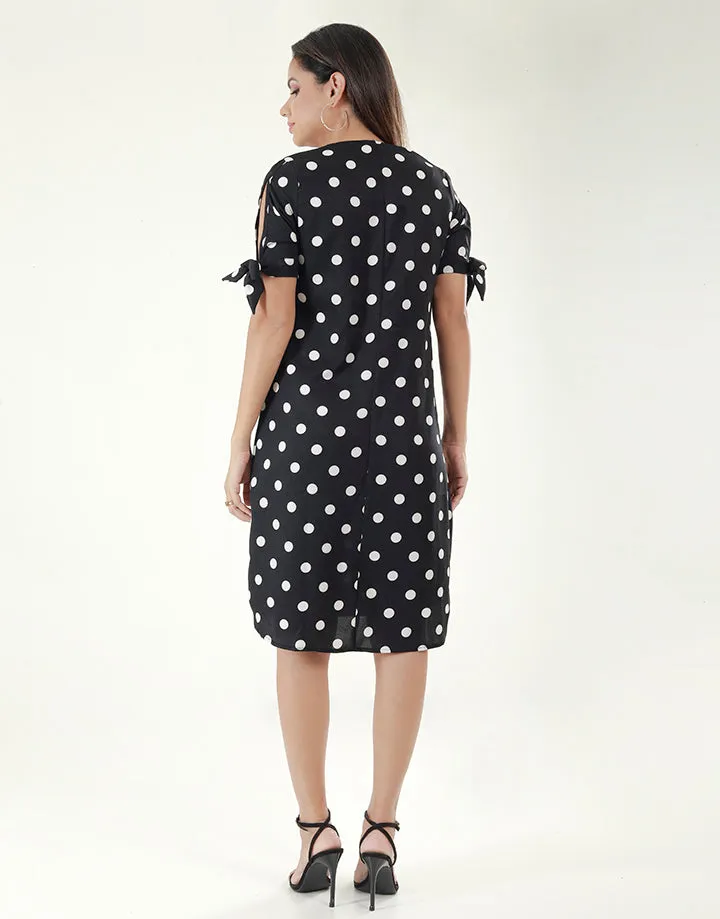 V-Neck Polka Dotted Dress with Knotted Sleeves