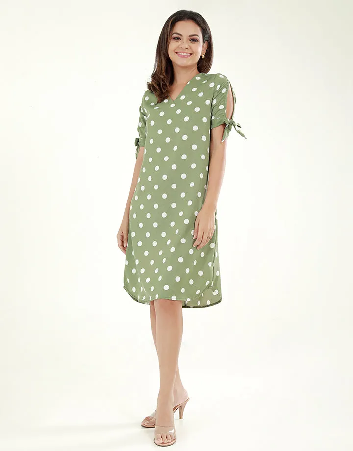V-Neck Polka Dotted Dress with Knotted Sleeves
