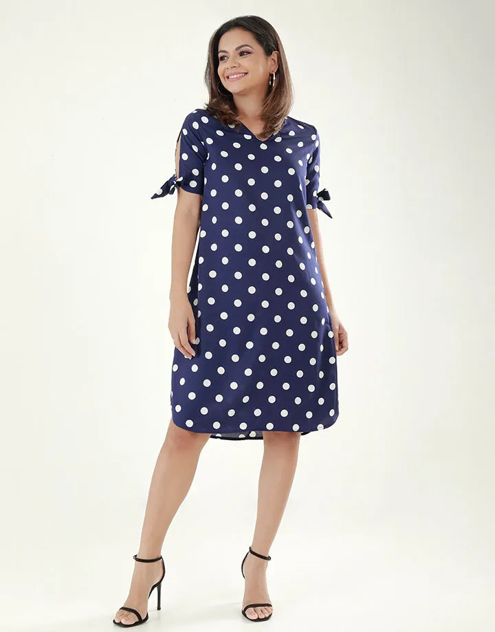 V-Neck Polka Dotted Dress with Knotted Sleeves